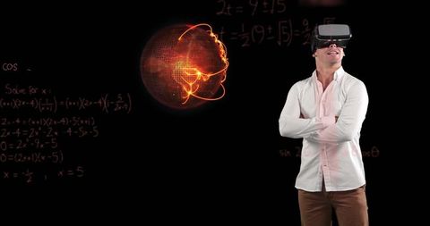 Man with vr headset immersed in virtual math world