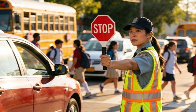 School crossing guard directing traffic with stop paddle during busy morning drop-off