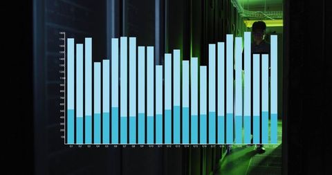 Man Walking Server Room with Data Chart Grid Overlay - Download Free Stock Images Pikwizard.com