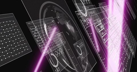 Futuristic hud interface with floating translucent panels, neon magenta data visualization