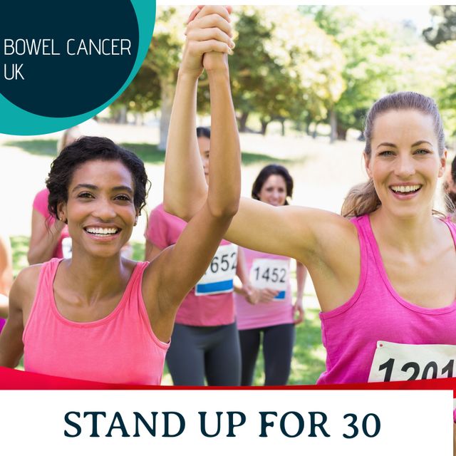 This vibrant photo shows diverse female runners raising their arms in celebration at a charity event organized to support Bowel Cancer UK. Perfect for promoting community health events, charity marathons, diversity in sports, and women's health initiatives.