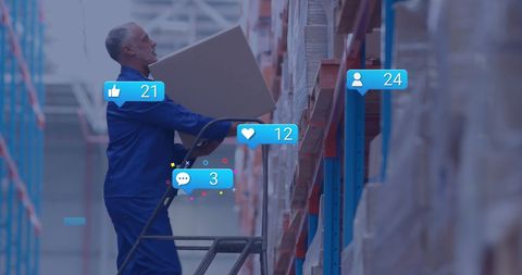 Warehouse Worker in Digital Sphere Lifting Box with Social Icons