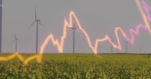 Wind Turbines in Canola Field with Neon Line Chart Overlay Illustrating Renewable Energy