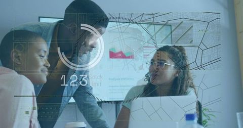 Collaborative team meeting with futuristic digital interface display