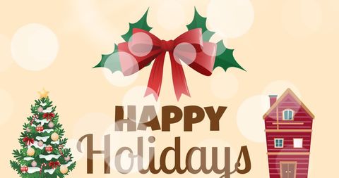 Festive Holiday Card with Ribbon, Tree and Cozy House Design