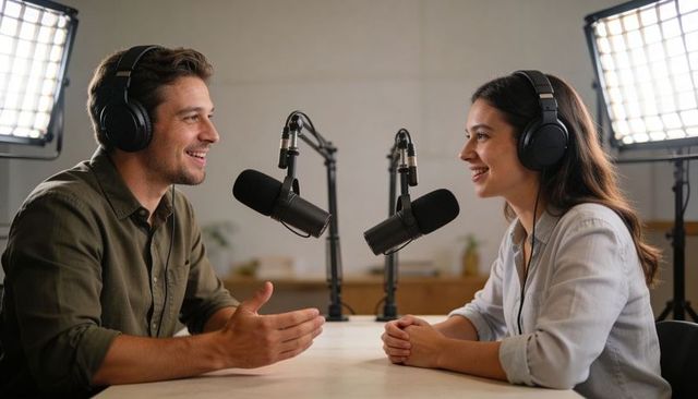 Two hosts recording podcast with professional microphones, headphones and studio lights