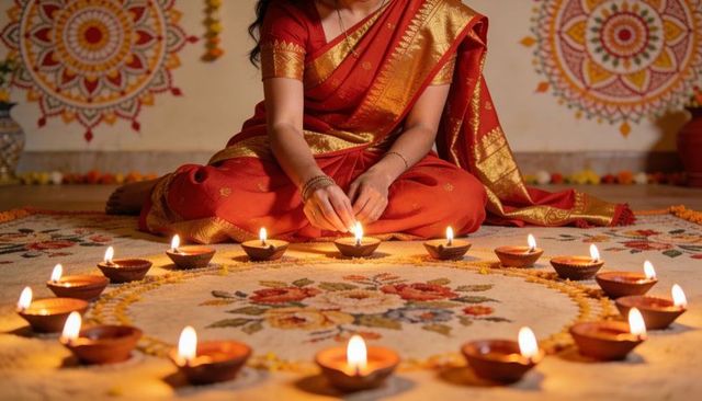 Woman in red silk sari lighting diyas on colorful rangoli with marigold mandala decoration