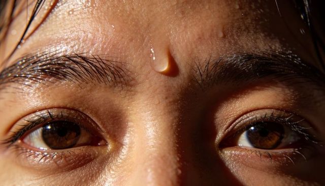 Macro close-up of woman's face with forehead droplet, brown eyes and detailed skin texture