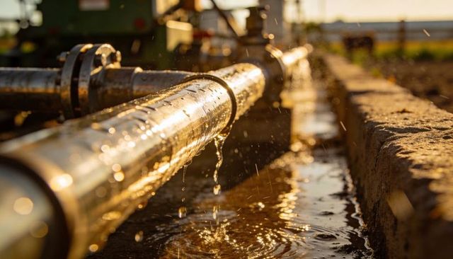 Leaking stainless steel irrigation pipe dripping into concrete channel at golden hour