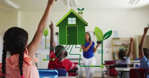 Eco-friendly classroom education with diverse schoolchildren