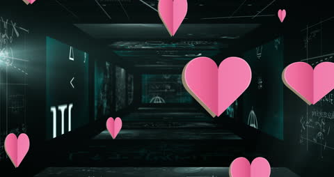 Mathematical Equations with Floating Hearts on Technology Background