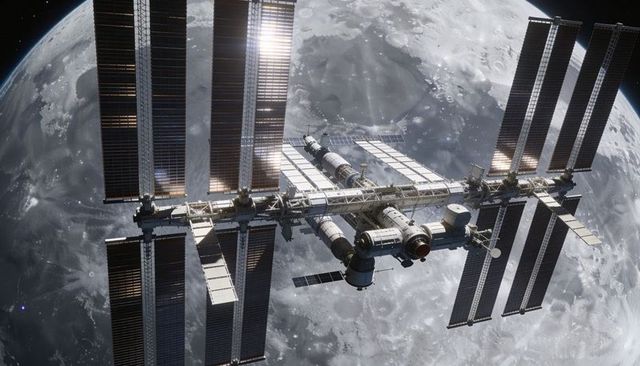 Orbiting Modular Space Station Over Lunar Surface Featuring Truss Backbone and Solar Arrays