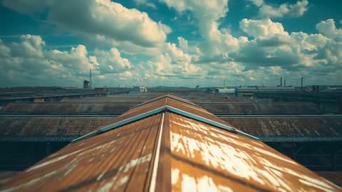A Journey Over a Rusted Factory Roof Under Storybook Skies