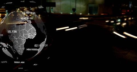 3d globe overlaying night road showing data readouts, analytics and light motion trails