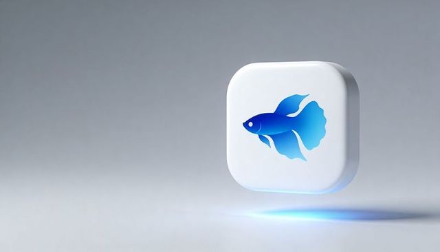 Floating rounded-square icon showing blue betta fish logo, glowing minimalist app emblem