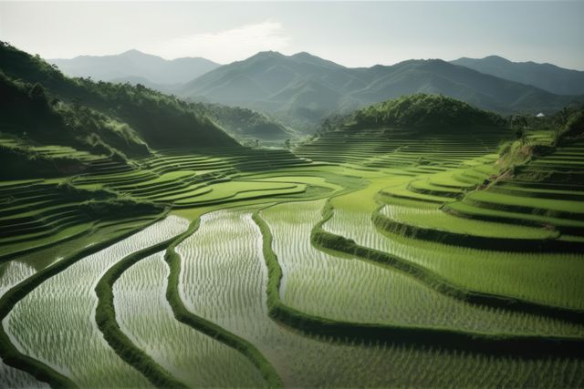 Terraced rice fields covering lush green mountains create mesmerizing patterns. The landscape captures the pristine beauty of rural farmland and sustainable agriculture practices. Ideal for illustrating themes related to nature, agriculture, eco-tourism, and rural life.