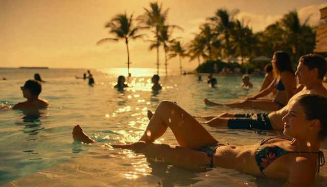 Golden sunset pool lounging on submerged ledge with reclining woman in floral bikini