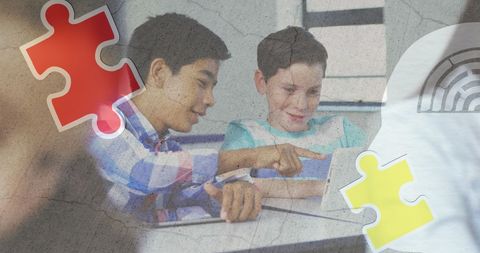 Diverse students engaged in digital learning with puzzle elements