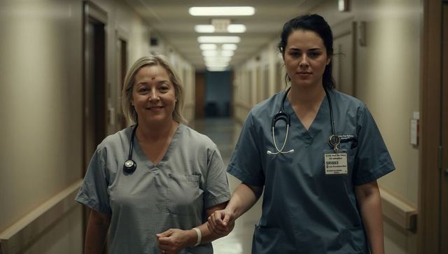 Walking hospital nurses linking forearms in corridor, showing teamwork and compassionate care
