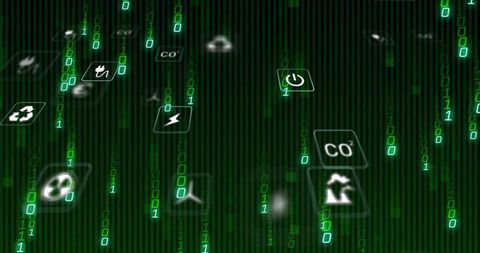 Futuristic green technology with binary code and eco icons