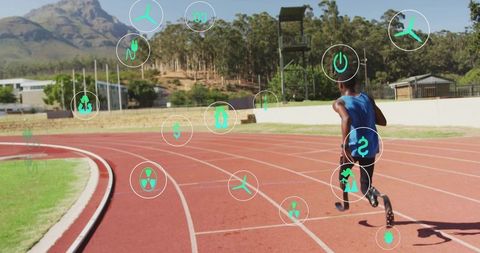 Paralympic sprinter using carbon fiber running blade on outdoor track with ar overlay