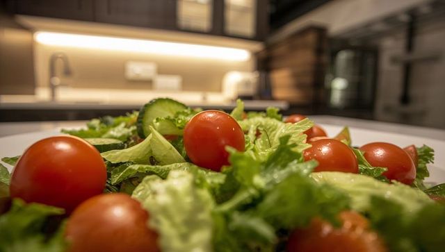 Closeup cherry tomato salad on modern kitchen counter with warm ambient lighting and bokeh