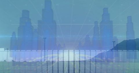 Futuristic digital grid overlaid on rural farmland landscape