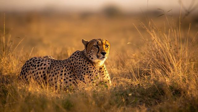 Cheetah Resting in Golden Savannah Sunset