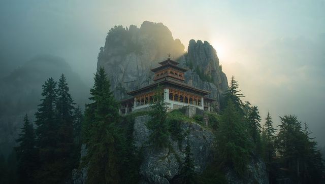 Misty mountain pagoda perching on rocky cliff amid evergreen forest at soft sunrise glow