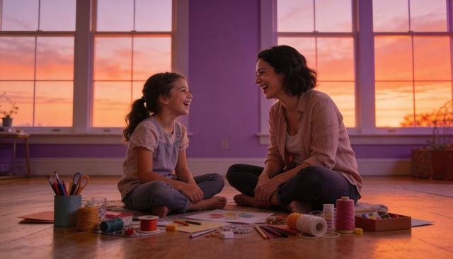 Laughing parent and daughter doing arts and crafts on hardwood floor at sunset in cozy purple room