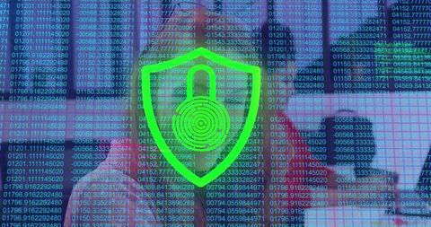 Digital shield protecting office team from cyber threats with padlock and code overlay