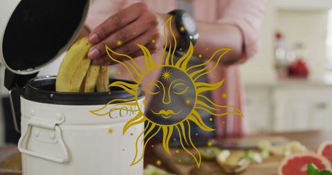 Woman Composting Banana Peels at Home in Kitchen