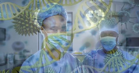 Surgical duo wearing masks and scrubs with dna and virus overlays illustrating research