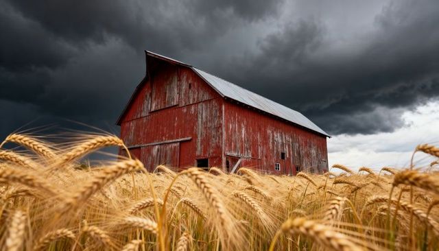 Storm clouds looming over red weathered barn amid golden wheat fields