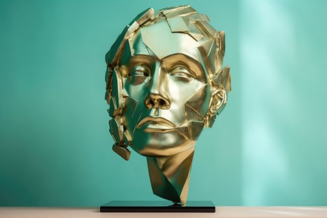 Close up of gold metallic face sculpture on green background, created using generative ai technology. Art and modern abstract face sculpture design concept digitally generated image.