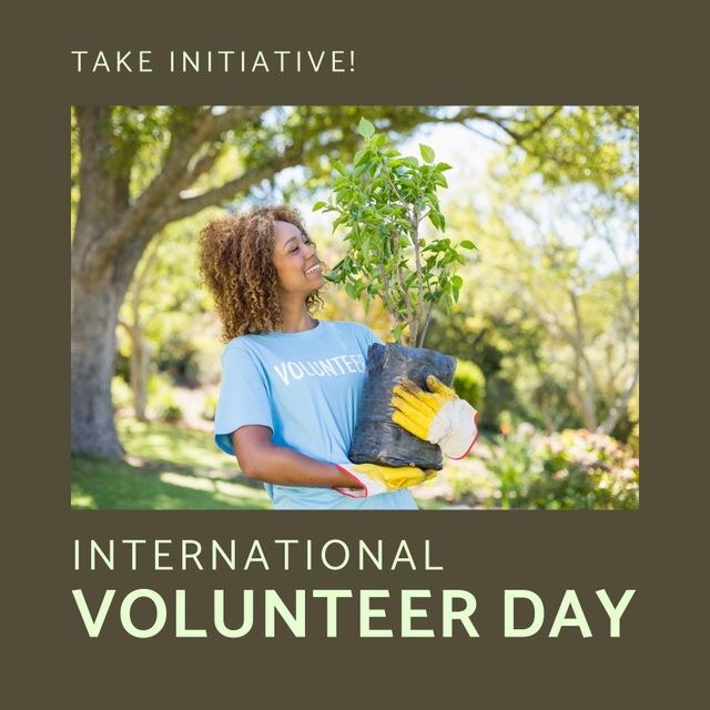 Composition of international volunteer day text and biracial female volunteer holding plant. International volunteer day, sustainability and global environment concept.