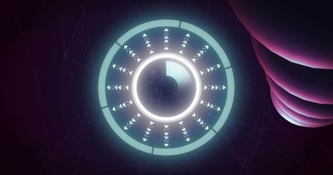 Glowing futuristic hud ring with radiant halo, segmented interface and neon magenta layers