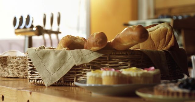 Bakery Basket with Fresh Bread and Pastries on Wooden Table - Download Free Stock Images Pikwizard.com