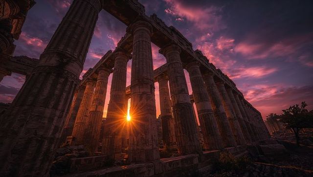 Sunburst through classical temple colonnade at dusk, fluted stone pillars and ruins
