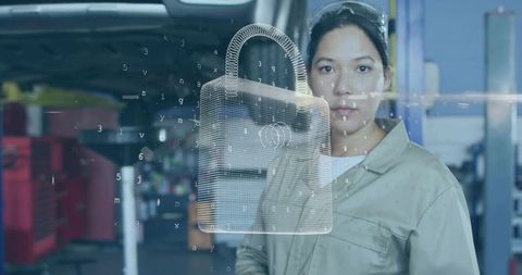 Technician Engaging with 3D Padlock Interface in Workshop Environment