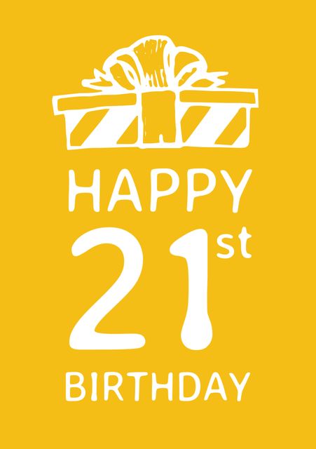 This image of a 'Happy 21st Birthday' greeting with a white gift box on a yellow background is ideal for birthday invitations, social media posts, and congratulatory messages. Its cheerful and bright design makes it perfect for celebrating a milestone birthday.