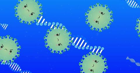 Cartoon virus particles with dna in abstract medical illustration