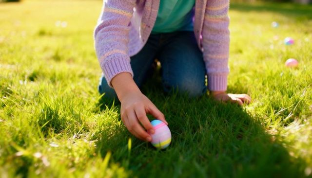 Kneeling child reaching for pastel-striped easter egg on sunlit green lawn