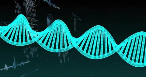 Glowing cyan dna double helix hologram unfolding and revealing futuristic data overlay