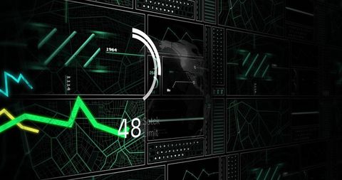 Futuristic Neon Green Data Dashboard Visualizing Analytics on Grid Map HUD with Numeric 48