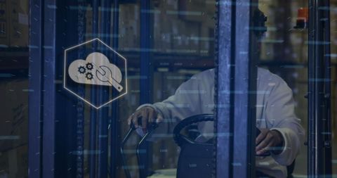 Warehouse worker operating forklift with technical icon overlay