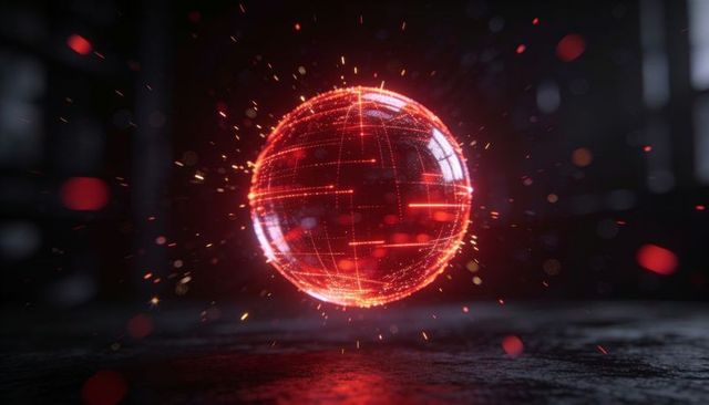 Glowing red holographic data sphere hovering with particle sparks, grid trails and energy