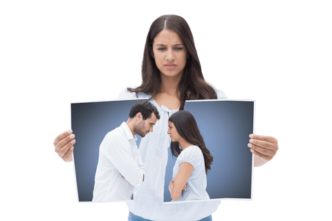 Sad Woman Holding Card Depicting Angry Couple with Transparent Background