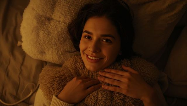 Smiling woman lying in bed cradling plush cushion warm glow cozy nighttime portrait