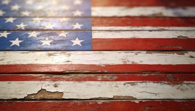 Weathered american flag on rustic wood planks with peeling paint and cracked finish